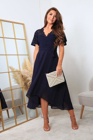 Navy Lace Wrap Front High Low Hem Dress Double Second
